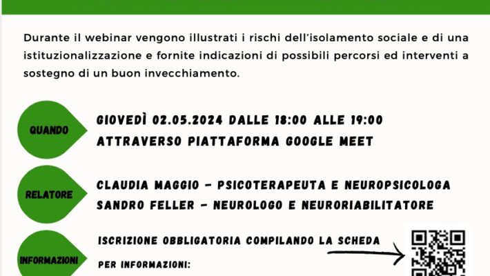 Abitudine senza solitudine come prevenzione nell’anziano – Webinar gratuito il 2 maggio 2024